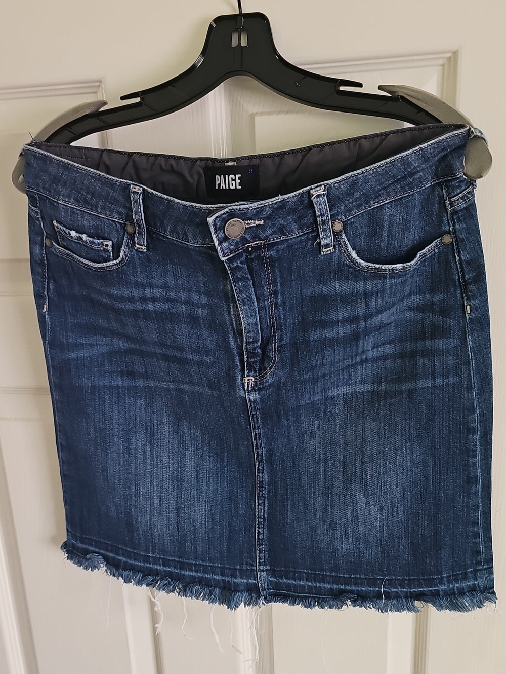 PAIGE Indigo Denim Mini Skirt with Frayed Hem